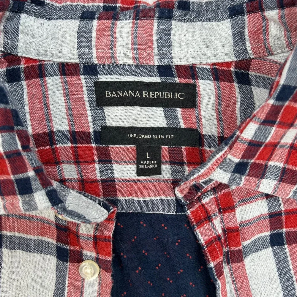 Banana Republic Mens‎ Untucked Slim Fit Plaid Button Down Shirt Red Blue Large